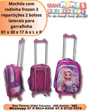Mochila com rodinha frozen 3 repartições 2 bolsos laterais para garrafinha 81 x 30 x 17 A x L x P