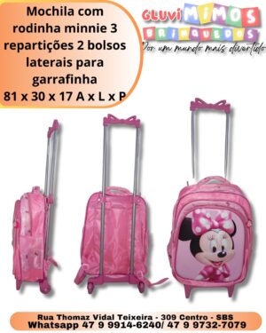 Mochila com rodinha minnie 3 repartições 2 bolsos laterais para garrafinha 81 x 30 x 17 A x L x P