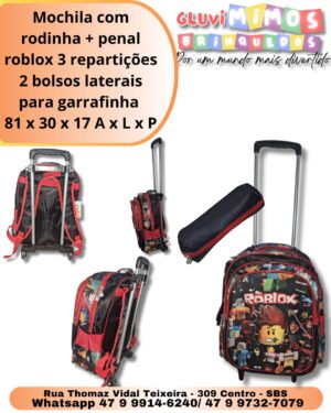 Mochila com rodinha + penal roblox 3 repartições 2 bolsos laterais para garrafinha  81 x 30 x 17 A x L x P