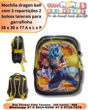 Mochila dragon ball com 3 repartições 2 bolsos laterais para garrafinha 38 x 30 x 17 A x L x P