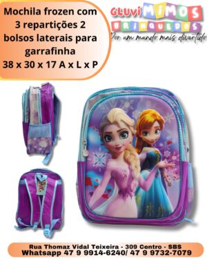 Mochila frozen com 3 repartições 2 bolsos laterais para garrafinha 38 x 30 x 17 A x L x P