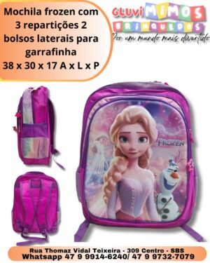 Mochila frozen com 3 repartições 2 bolsos laterais para garrafinha 38 x 30 x 17 A x L x P