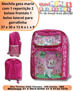 Mochila gata marie com 1 repartição 2 bolsos frontais 1 bolso lateral para garrafinha 37 x 30 x 13 A x L x P