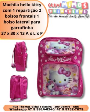 Mochila hello kitty com 1 repartição 2 bolsos frontais 1 bolso lateral para garrafinha 37 x 30 x 13 A x L x P