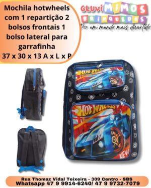 Mochila hotwheels com 1 repartição 2 bolsos frontais 1 bolso lateral para garrafinha 37 x 30 x 13 A x L x P