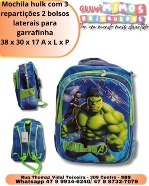 Mochila hulk com 3 repartições 2 bolsos laterais para garrafinha 38 x 30 x 17 A x L x P