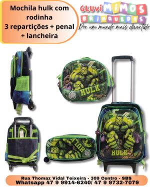 Mochila hulk com rodinha 3 repartições + penal + lancheira
