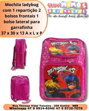 Mochila ladybug com 1 repartição 2 bolsos frontais 1 bolso lateral para garrafinha 37 x 30 x 13 A x L x P