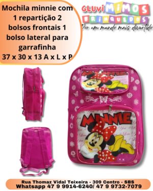 Mochila minnie com 1 repartição 2 bolsos frontais 1 bolso lateral para garrafinha 37 x 30 x 13 A x L x P