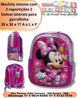 Mochila minnie com 3 repartições 2 bolsos laterais para garrafinha 38 x 30 x 17 A x L x P