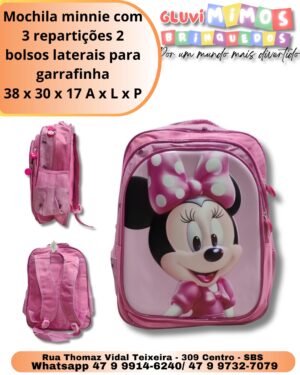 Mochila minnie com 3 repartições 2 bolsos laterais para garrafinha 38 x 30 x 17 A x L x P