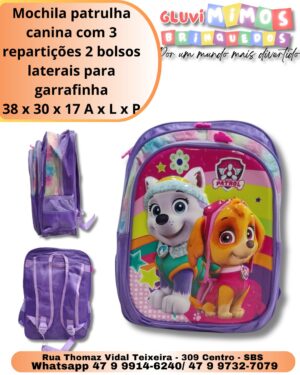 Mochila patrulha canina com 3 repartições 2 bolsos laterais para garrafinha 38 x 30 x 17 A x L x P