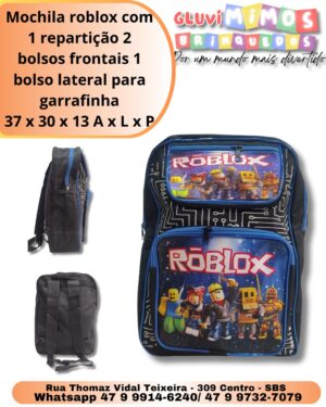 Mochila roblox com 1 repartição 2 bolsos frontais 1 bolso lateral para garrafinha 37 x 30 x 13 A x L x P