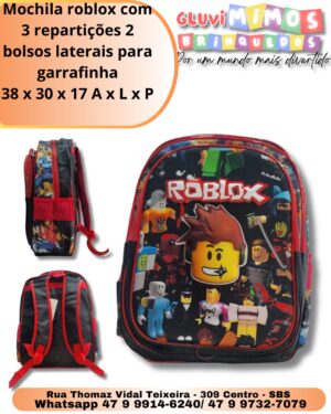 Mochila roblox com 3 repartições 2 bolsos laterais para garrafinha 38 x 30 x 17 A x L x P