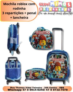 Mochila roblox com rodinha 3 repartições + penal + lancheira