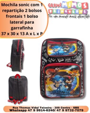 Mochila sonic com 1 repartição 2 bolsos frontais 1 bolso lateral para garrafinha 37 x 30 x 13 A x L x P
