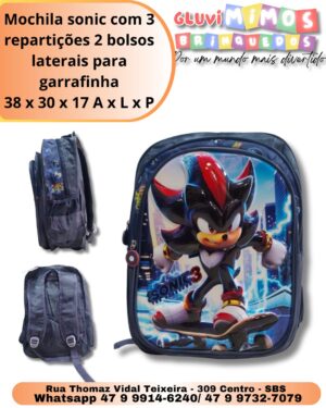 Mochila sonic com 3 repartições 2 bolsos laterais para garrafinha 38 x 30 x 17 A x L x P