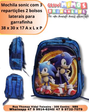 Mochila sonic com 3 repartições 2 bolsos laterais para garrafinha 38 x 30 x 17 A x L x P