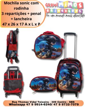 Mochila sonic com rodinha 3 repartições + penal + lancheira 47 x 26 x 17 A x L x P