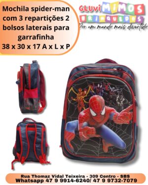 Mochila spider-man com 3 repartições 2 bolsos laterais para garrafinha 38 x 30 x 17 A x L x P