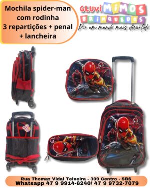 Mochila spider-man com rodinha 3 repartições + penal + lancheira