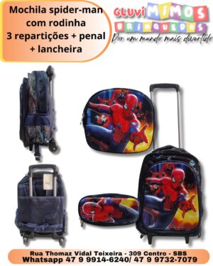 Mochila spider-man com rodinha 3 repartições + penal + lancheira