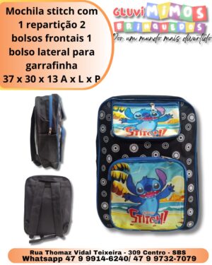 Mochila stitch com 1 repartição 2 bolsos frontais 1 bolso lateral para garrafinha 37 x 30 x 13 A x L x P