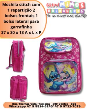 Mochila stitch com 1 repartição 2 bolsos frontais 1 bolso lateral para garrafinha 37 x 30 x 13 A x L x P