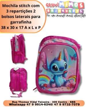Mochila stitch com 3 repartições 2 bolsos laterais para garrafinha 38 x 30 x 17 A x L x P