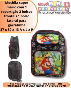 Mochila super mario com 1 repartição 2 bolsos frontais 1 bolso lateral para garrafinha 37 x 30 x 13 A x L x P