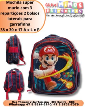 Mochila super mario com 3 repartições 2 bolsos laterais para garrafinha 38 x 30 x 17 A x L x P