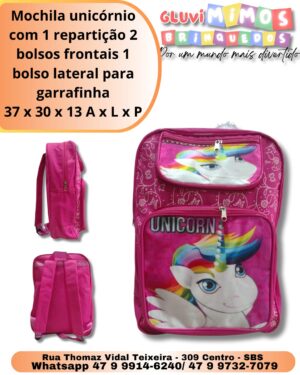 Mochila unicórnio com 1 repartição 2 bolsos frontais 1 bolso lateral para garrafinha 37 x 30 x 13 A x L x P
