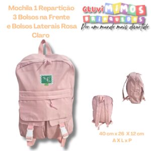 Mochila 1 Repartição  3 Bolsos na Frente  e Bolsos Laterais Rosa Claro