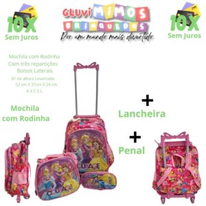 Mochila com Rodinha das Princesas Com três repartições com Lancheira e Penal