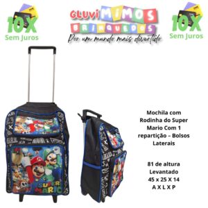 Mochila com Rodinha do Super Mario Com 1 repartição – Bolsos Laterais