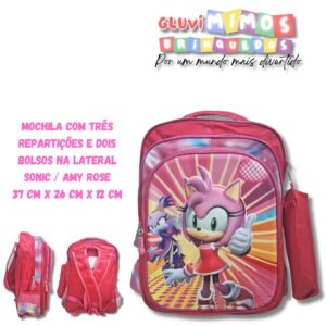 Mochila com três repartições e dois bolsos na Lateral Sonic  Amy rose
