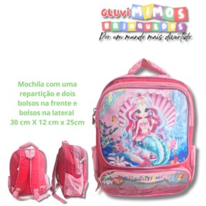 Mochila com uma repartição e dois bolsos na frente e bolsos na lateral  Sereia