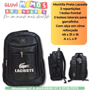 Mochila Preta Lacoste 3 repartições 1 bolso frontal 2 bolsos laterais para garrafinha