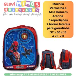 Mochila Vermelha e Azul Homem Aranha  3 repartições 2 bolsos laterais para garrafinha 37 x 30 x 15 A x L x P