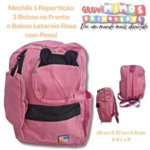 Mochila 1 Repartição  3 Bolsos na Frente  e Bolsos Laterais Rosa com Penal