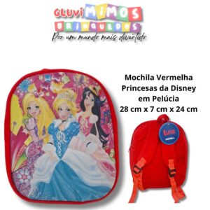 Mochila Vermelha Princesas da Disney  em Pelúcia 28 cm x 7 cm x 24 cm