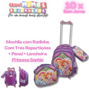 Mochila com Rodinha Com Três Repartições + Penal + Lancheira Princesa Sophia