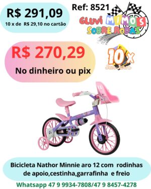 Bicicleta Nathor Minnie aro 12 c/ Rodinhas de apoio,cestinha,garrafinha e freio