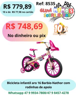 Bicicleta Infantil Aro 16 Barbie com rodinhas - Nathor