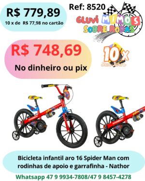Bicicleta infantil aro 16 Spider Man com rodinhas de apoio e garrafinha - Nathor