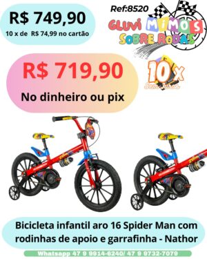 Bicicleta infantil aro 16 Spider Man com rodinhas de apoio e garrafinha - Nathor
