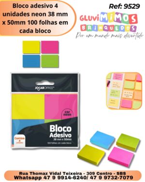 Bloco adesivo 4 unidades neon 38 mm x 50mm 100 folhas em cada bloco