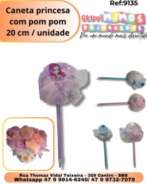 Caneta princesa com pom pom 20 cm / unidade