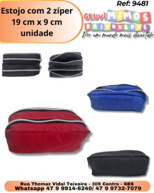 Estojo com 2 zíper 19 cm x 9 cm/ unidade