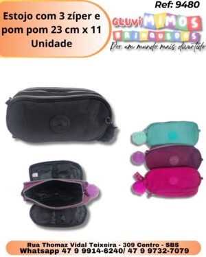 Estojo com 3 zíper e pom pom 23 cm x 11 cm/ Unidade